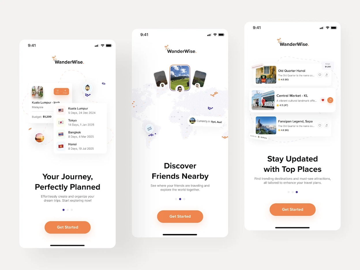 Onboarding flow to the WanderWise app, which educates on what you can do with the product: plan your journey, discover friends nearby, and stay updated with top places.