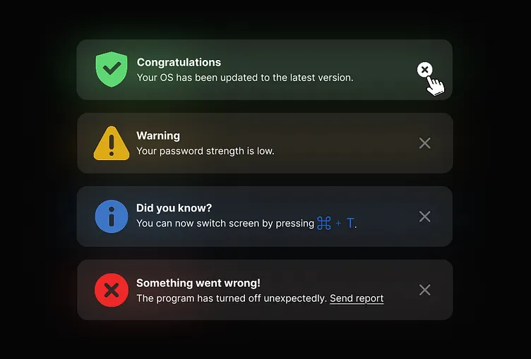 Range of messages that demonstrate what it means to inform versus educate. “Congratulations: Your OS has been updated to the latest version,” informs, while “Did you know? You can now switch screens by using this command?” educates.