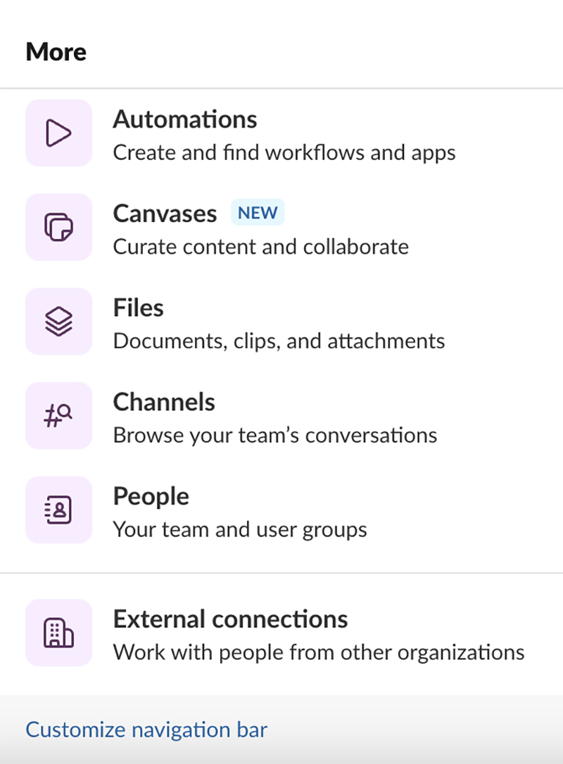 The text below each label explains Slack features like Automations, Canvases, Files, Channels, and People.