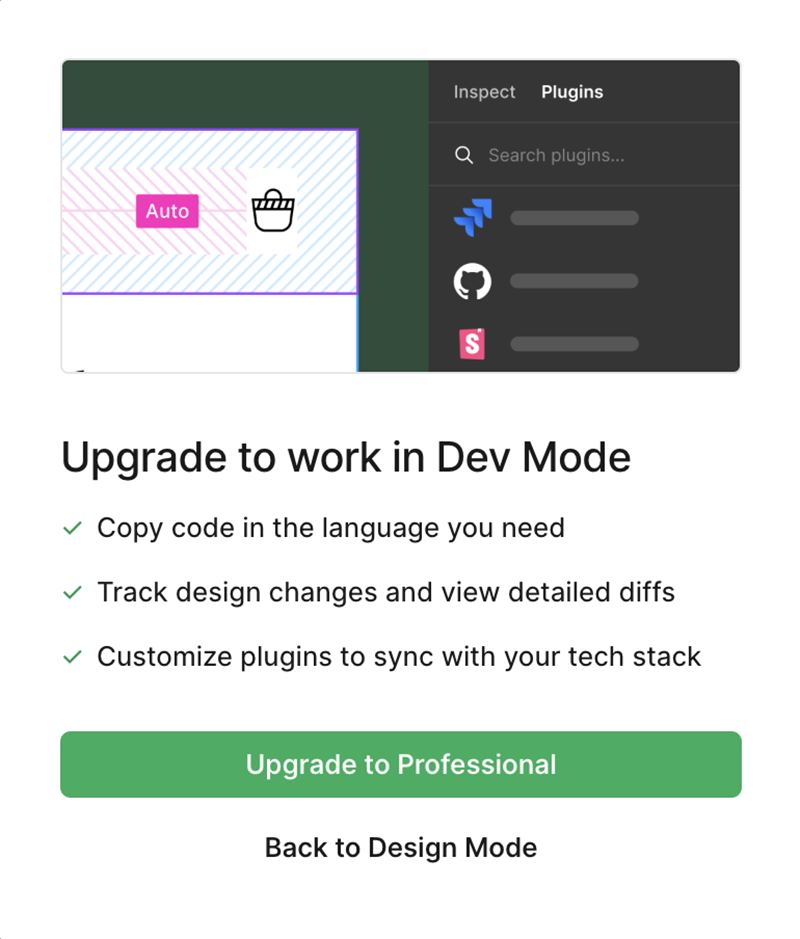 Upsell message in Figma that encourages users to “upgrade to work in dev mode.”