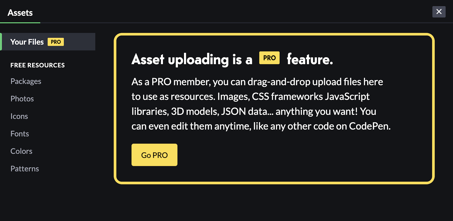 Message alerting the user that asset uploading is a PRO feature.