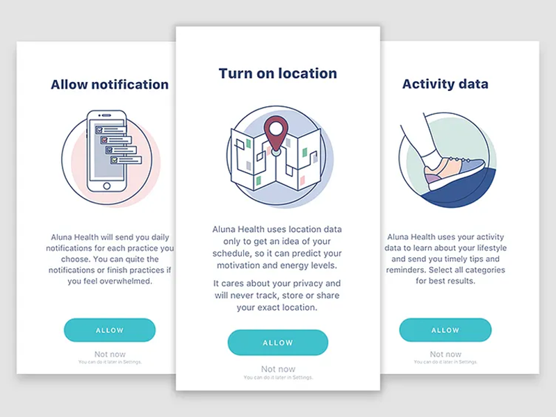 Examples of screens asking users to allow notifications, turn on location, and share activity data.