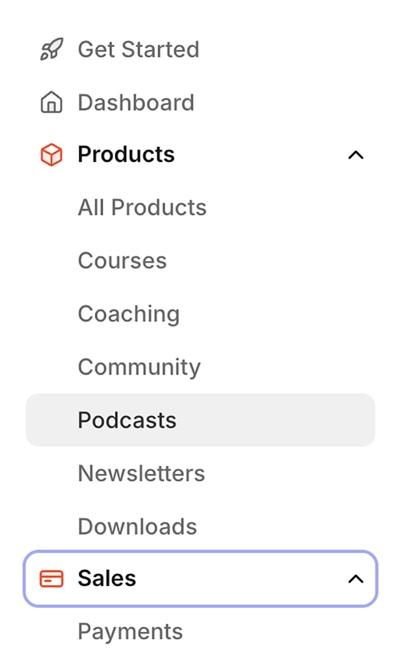 Navigation showing “courses” and “podcasts” nested under the Products category.