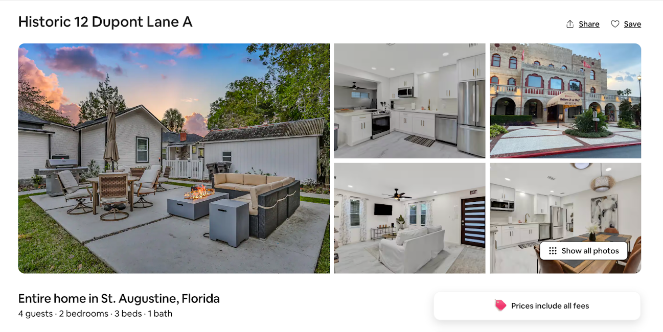 Airbnb listing for an entire home in St. Augustine, Florida