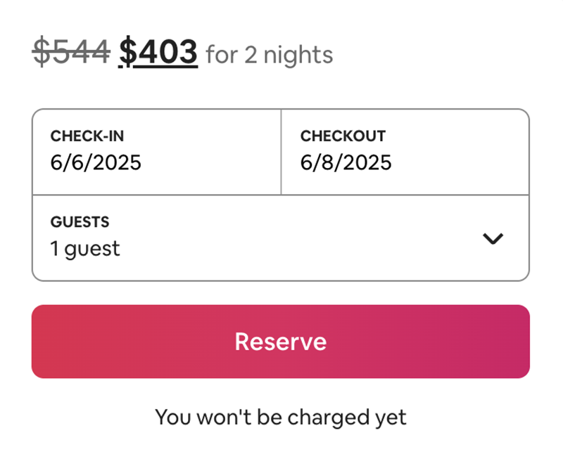 Screen showing the St. Augustine Airbnb is $403 for 2 nights, with a “Reserve” CTA button.