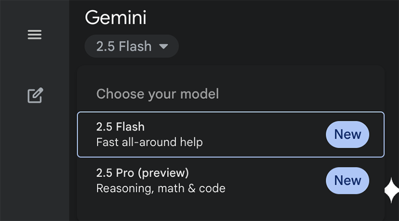 When you choose your Gemini model, a badge shows which models are new.