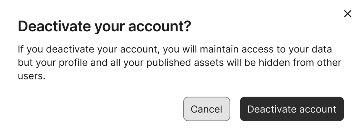 Confirmation asking if you want to deactivate your account or cancel.