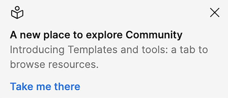 Figma message alerting that there is a new tab to browse resources, templates, and tools.