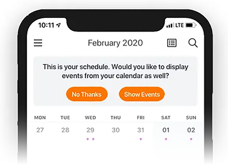 Calendar app with the option to connect external calendars to configure the product to best suit user needs.