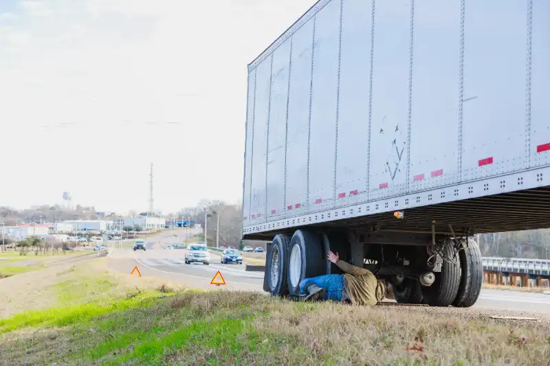 Technician performs roadside assistance under a semi-trailer on highway shoulder with warning triangles placed.