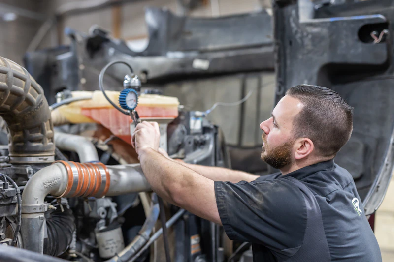 mechanics fixing a coolant system on a heavy duty semi truck