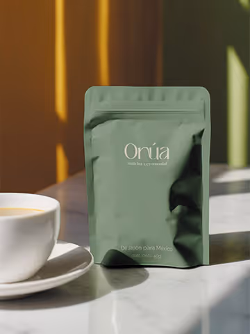 Bolsa de pie verde con la etiqueta 'Orúa' sobre una mesa, junto a una taza de café blanca.