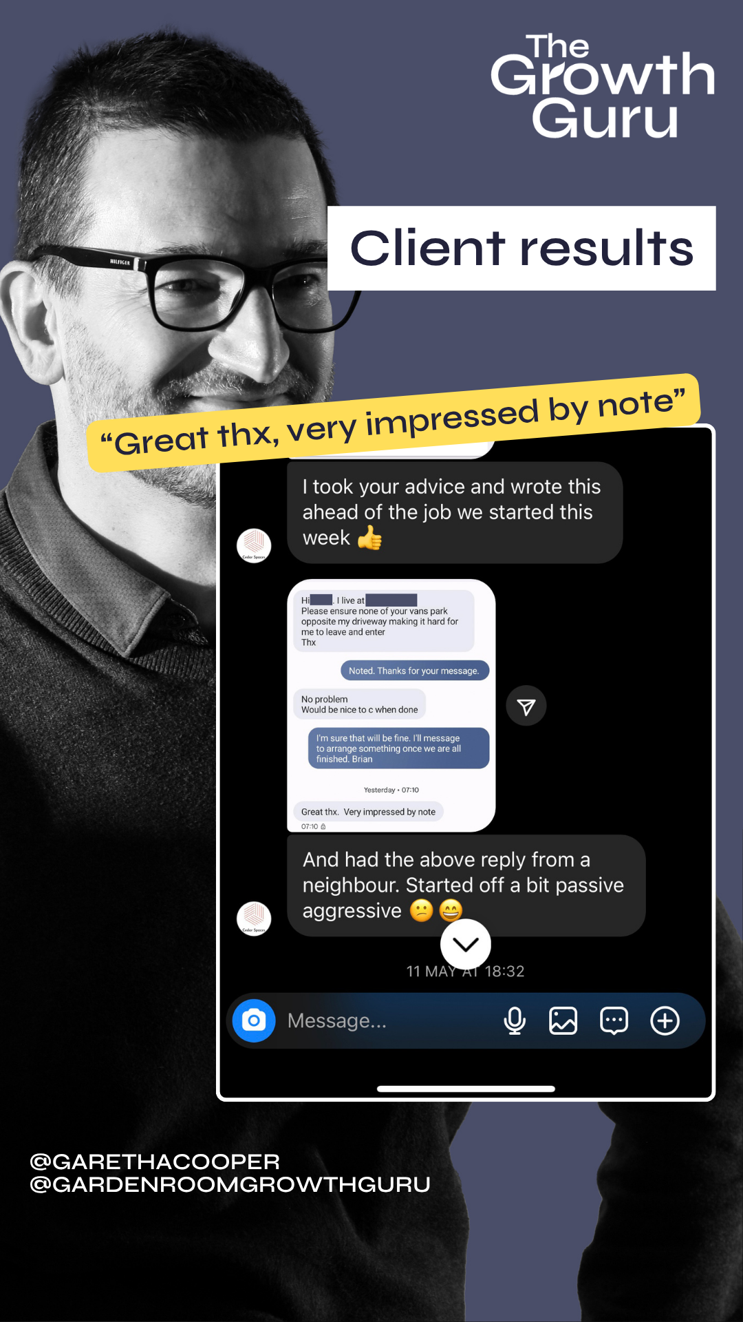 Client results "Great thx, very impressed by note"