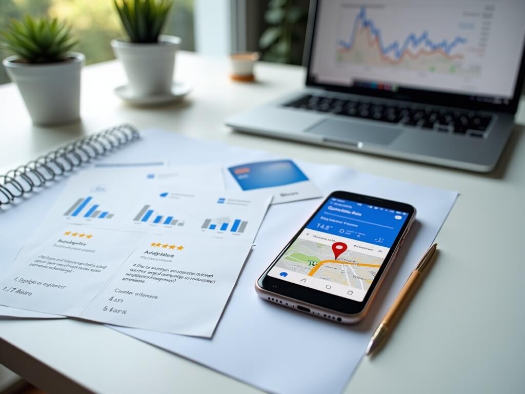 "Overhead shot of a smartphone showing Google Business Profile; surrounding business elements on a white desk, and laptop with analytics in the background."