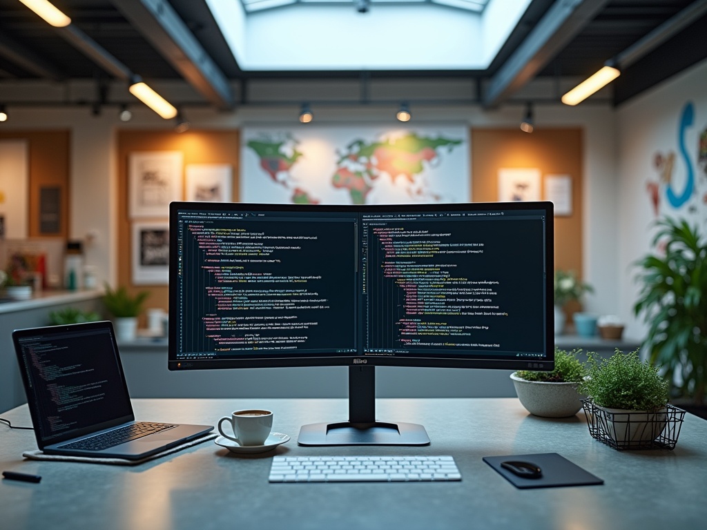 Overhead view of a tech workspace with dual-monitors displaying abstract schema code, laptop, coffee cup, printed maps, and event flyers, indicating Answer Engine Optimization work in a modern studio.