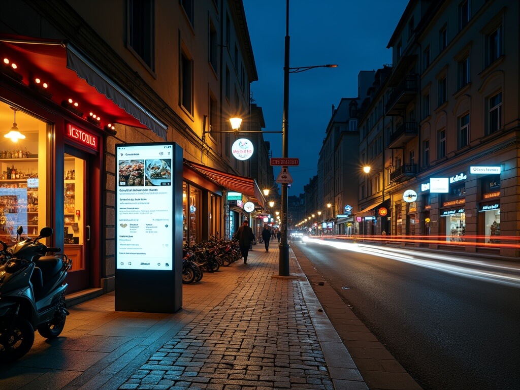 Nighttime cityscape featuring illuminated shopfronts, a digital kiosk projecting a restaurant's Google Business Profile, moist pavement reflecting neon lights, and motion blur of passing cars, captured with a Sony A7R IV camera.