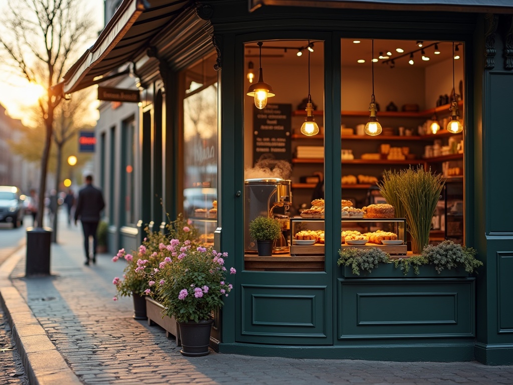 Cozy local coffee shop at golden hour with window display of pastries and plants, reflected street activity, steaming espresso machine, chalkboard menu, and spring blooms.