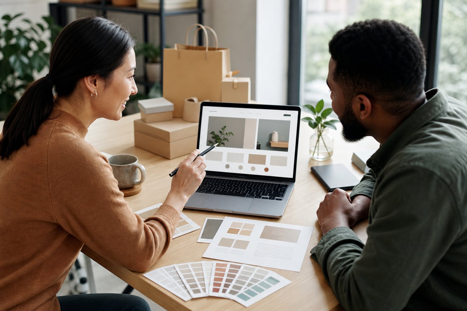 A small business owner and web designer collaborate on a website at a modern office desk.