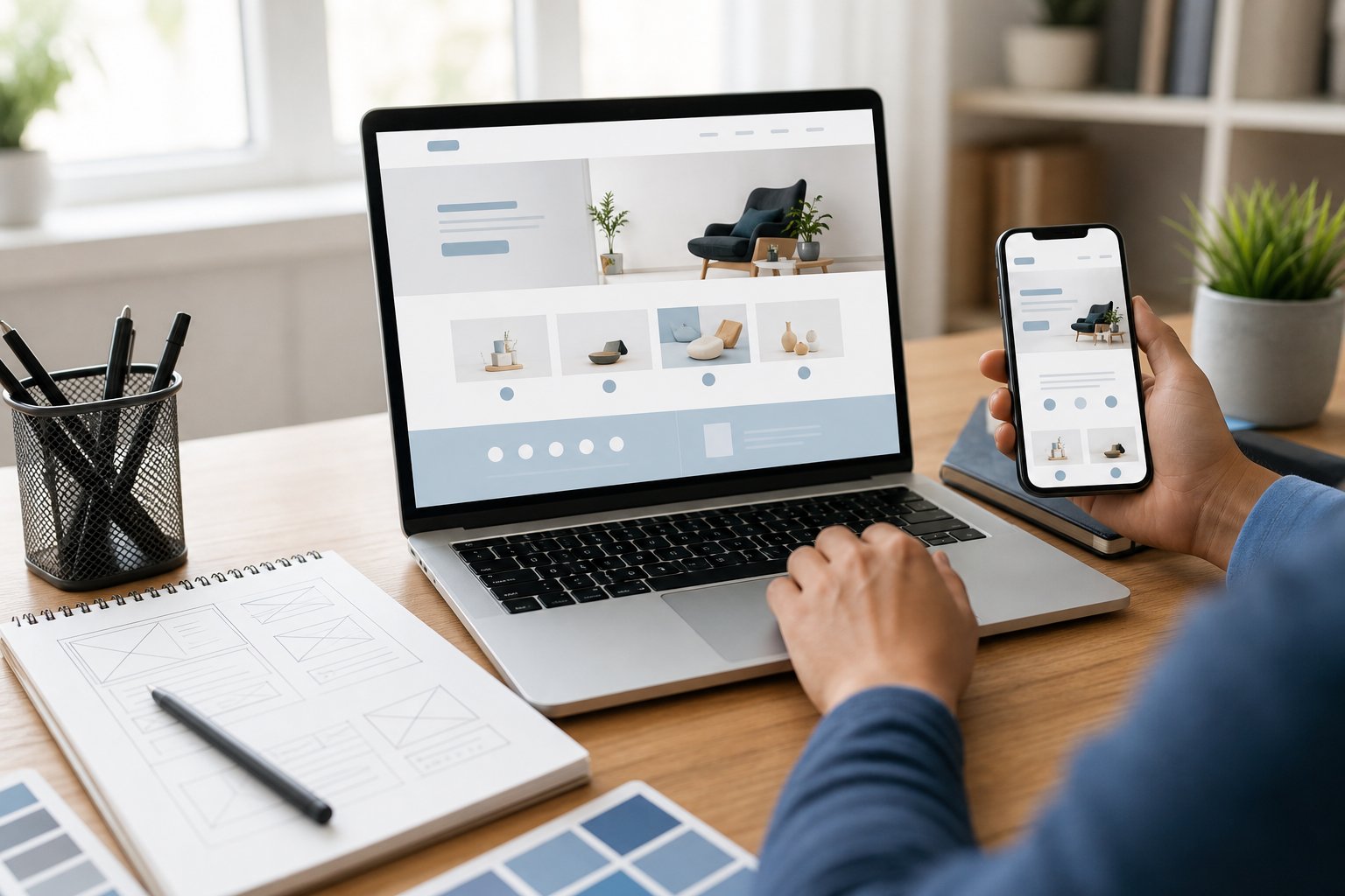 Designer creating a business website on a laptop and smartphone at a tidy desk.