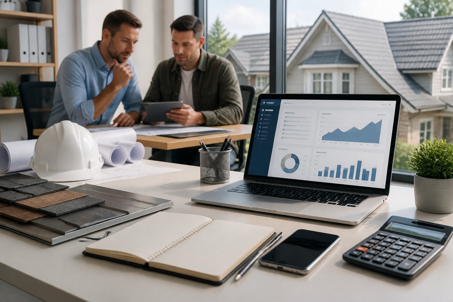 A roofing business owner reviews digital analytics and financial planning materials with a consultant in a modern office.