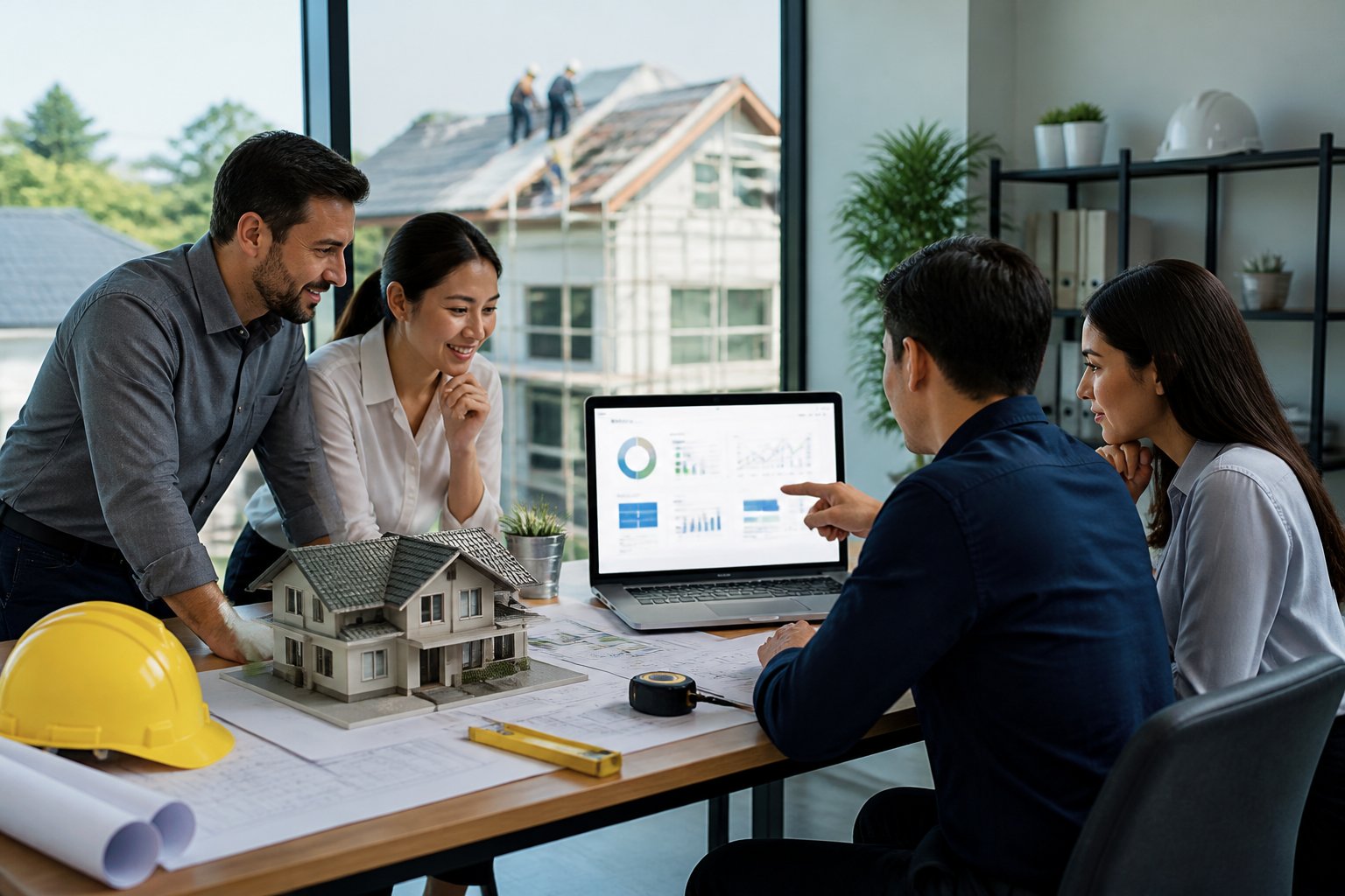 Roofing professionals collaborate in an office while reviewing digital analytics beside a roof model.