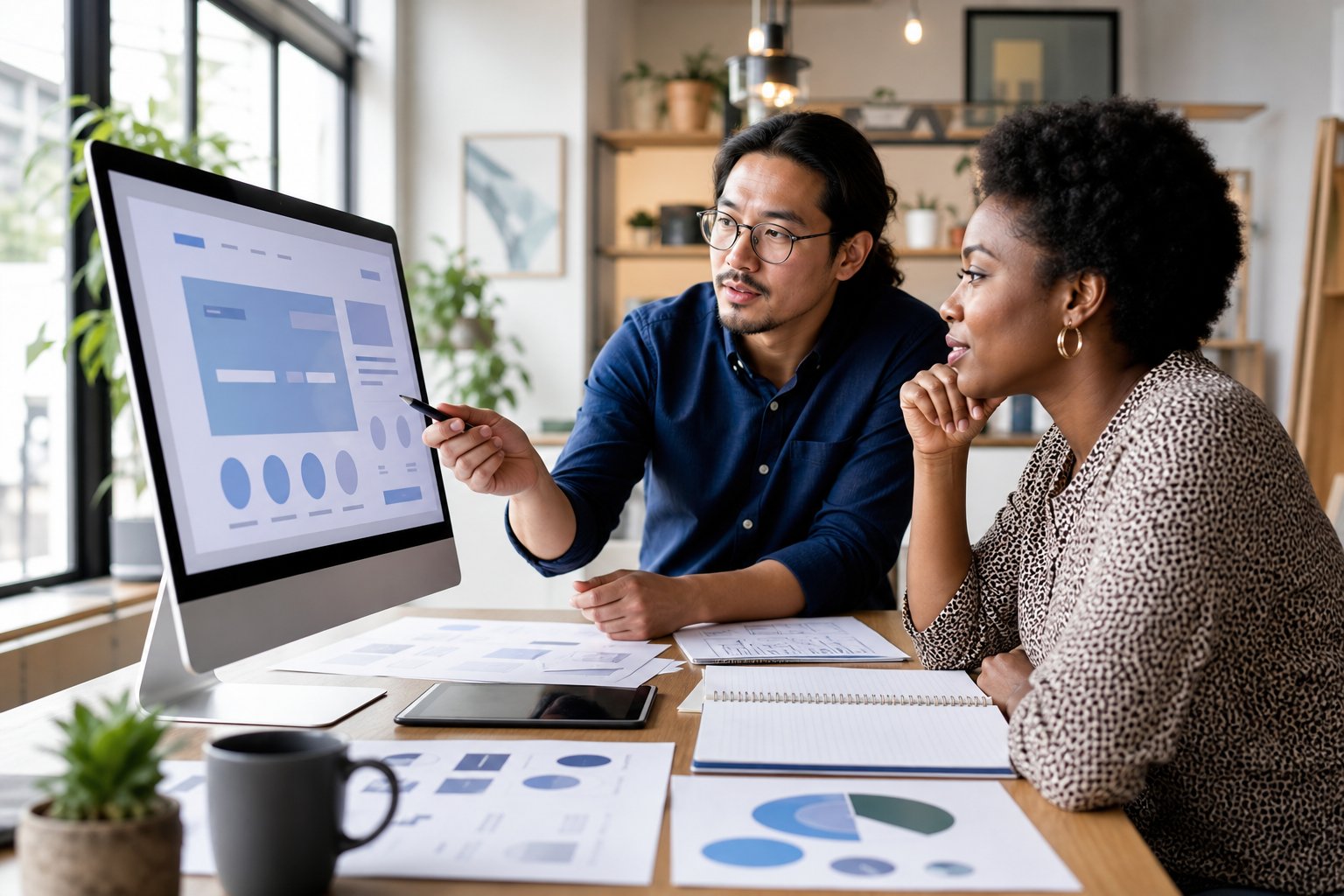 A website designer and small-business owner collaborate on a website plan in a modern office.