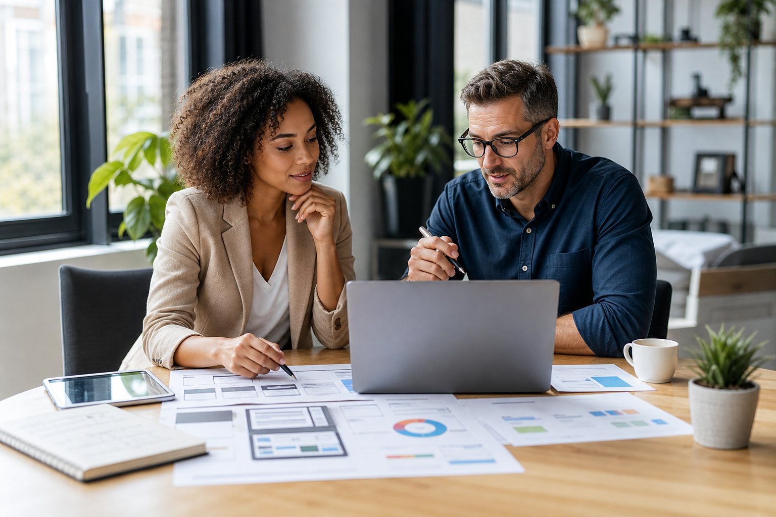 A small-business owner and web designer review website plans together at a modern office table.