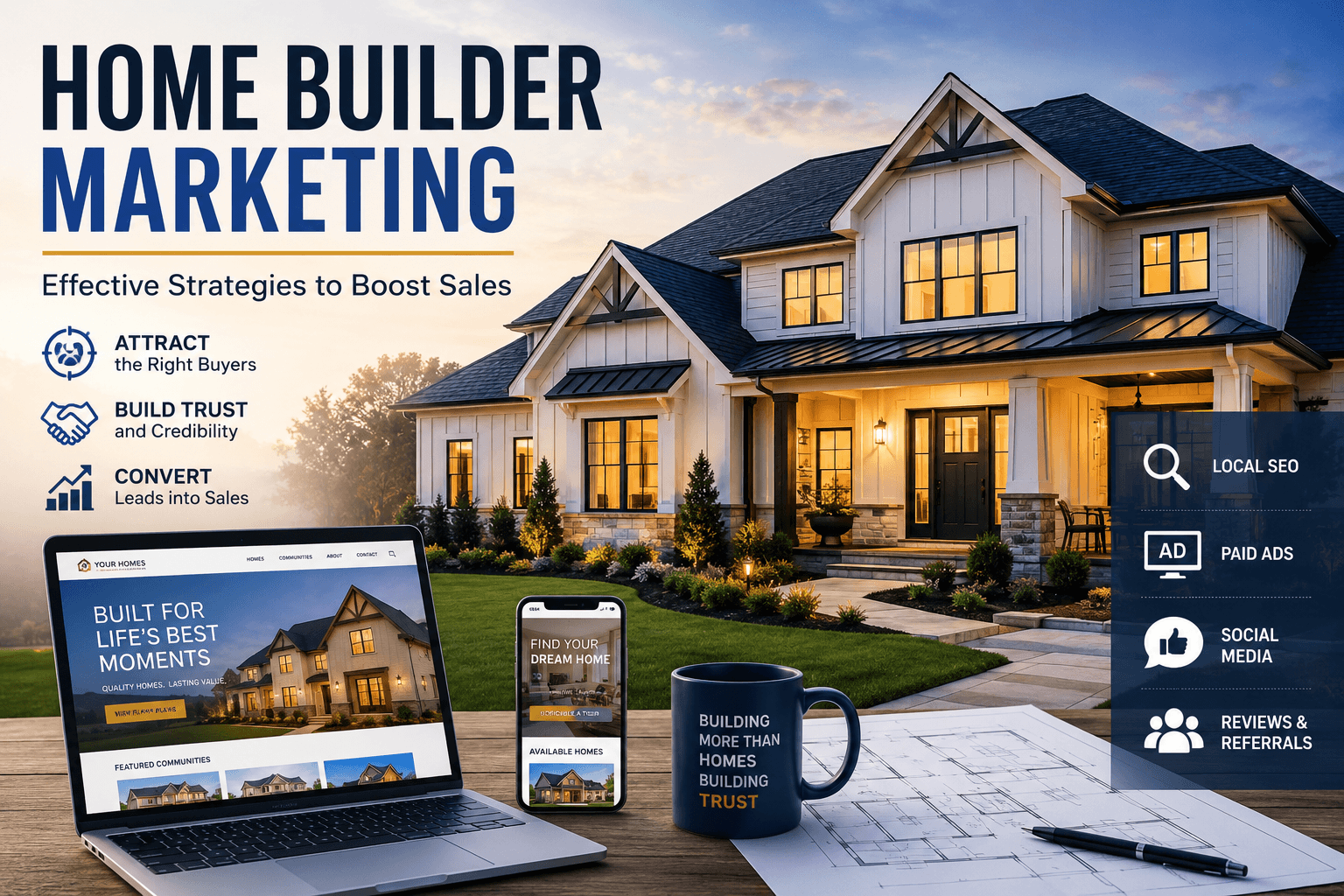 Home builder marketing graphic with a house and website previews on a laptop and phone.