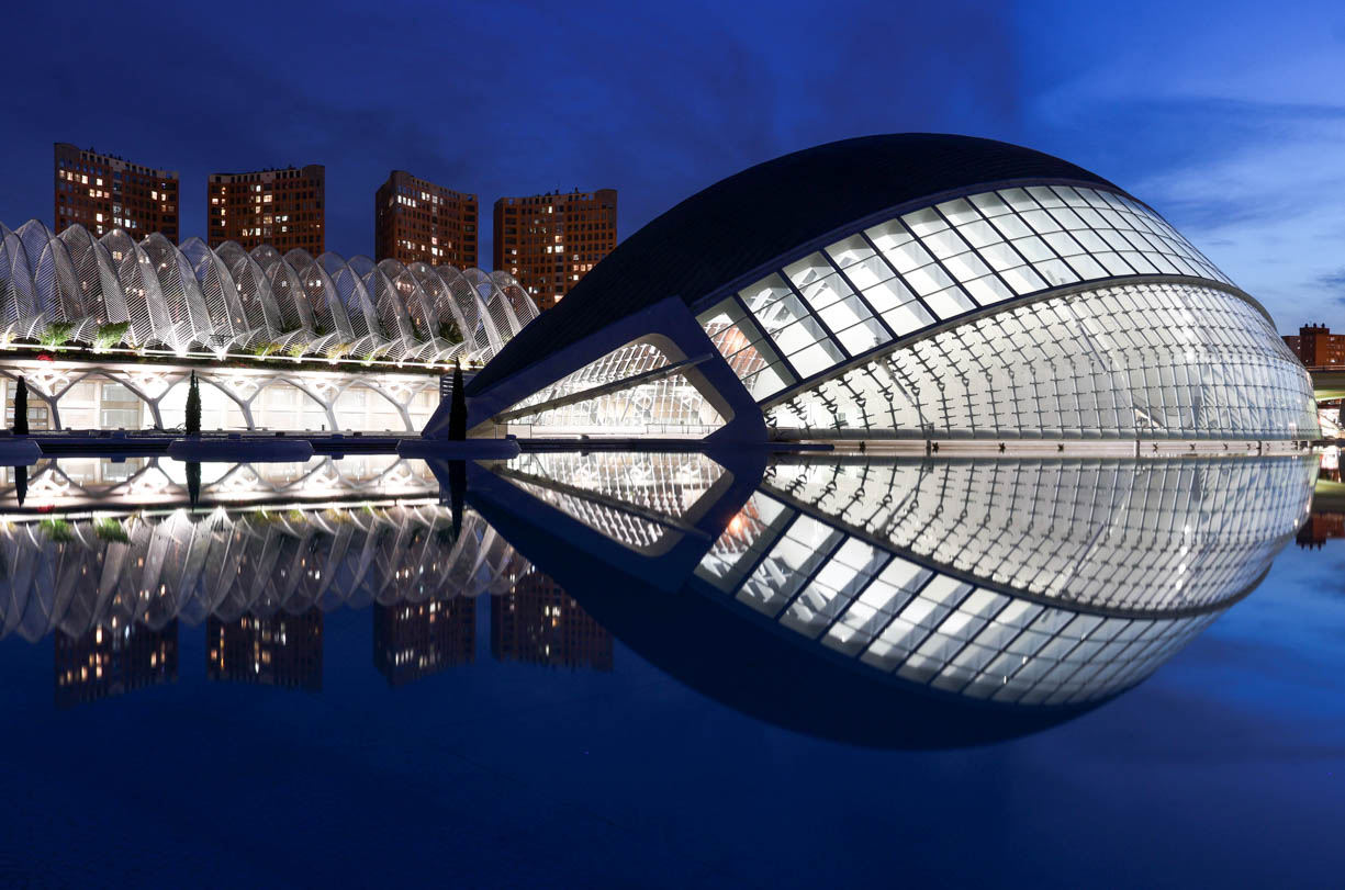 The spectacular L'Hemisfèric located in the City of Arts and Sciences in Valencia, Spain photographed at dusk