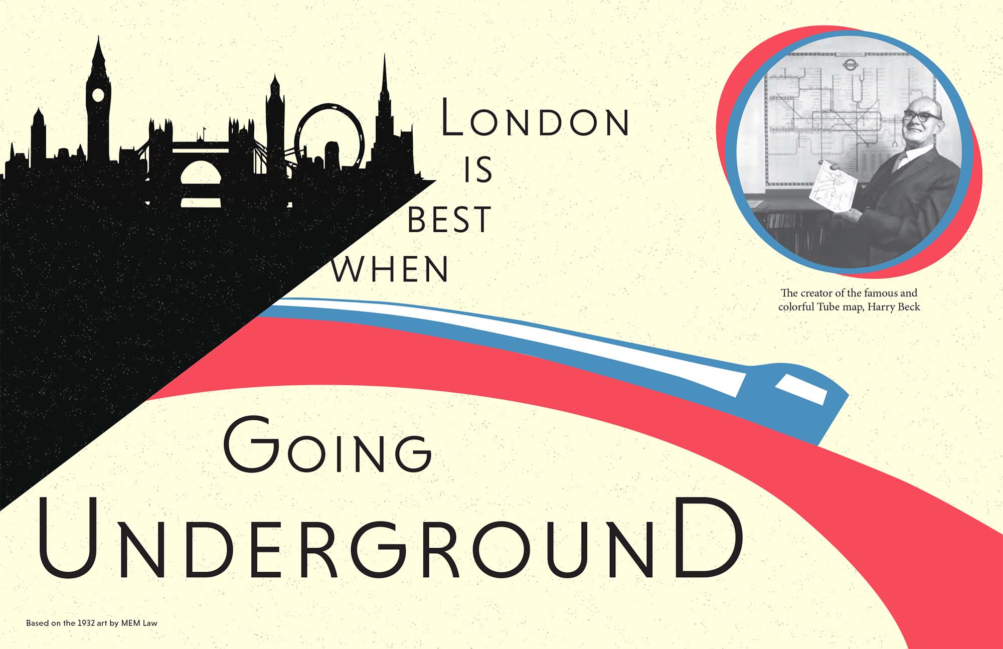 The first spread of a magazine page where a train is going underground. This illustrates famous tube designs and colors from the Tube map in London, England
