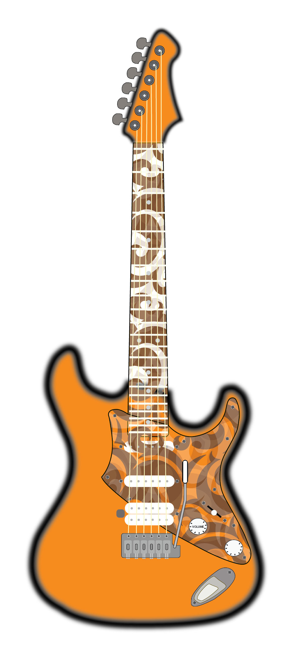 An orange, white, and black guitar created in the adobe application Illustrator
