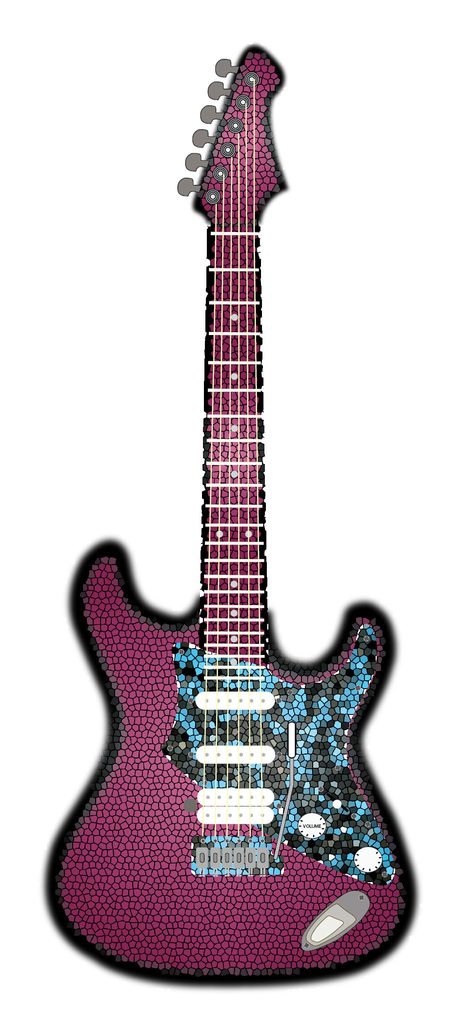 An pink, white, blue, and black guitar created in the adobe application Illustrator