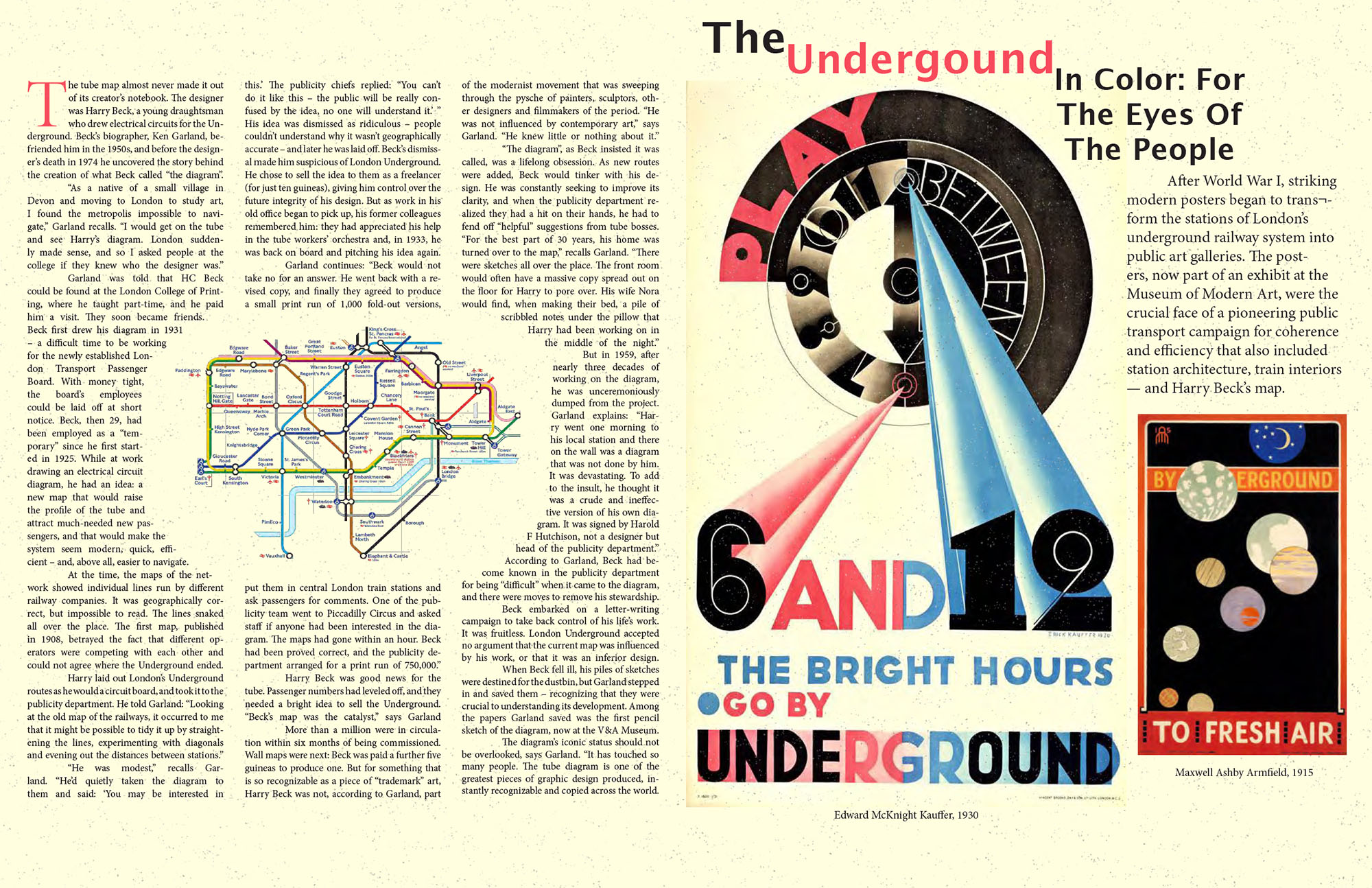 The second page of the magazine that explains the history of the tube map and its creator Harry Beck