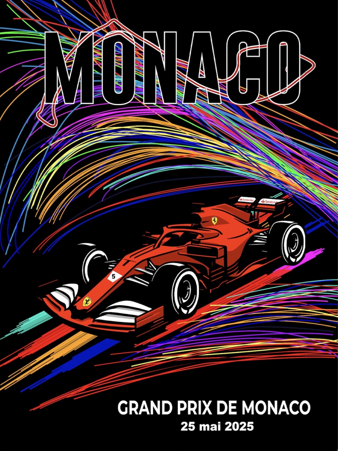 A formula one poster with a red Ferrari Formula one car in the center of the design with vibrant and colorful lines above and below the car showing the car is moving at high speed. The word Monaco is at the top of the image with the outline of the track behind the word.