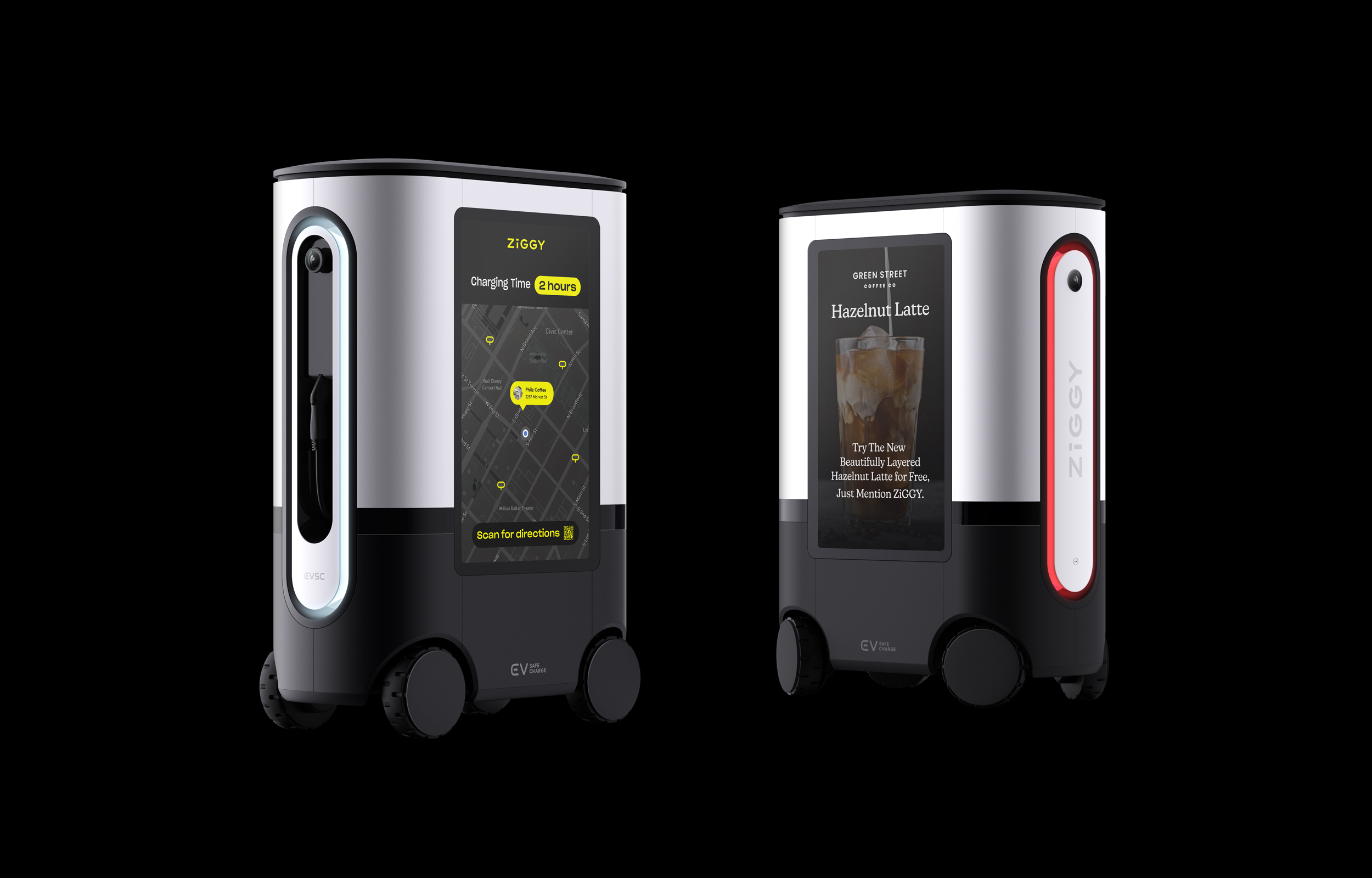 ZiGGY front and back with information graphics on screen.