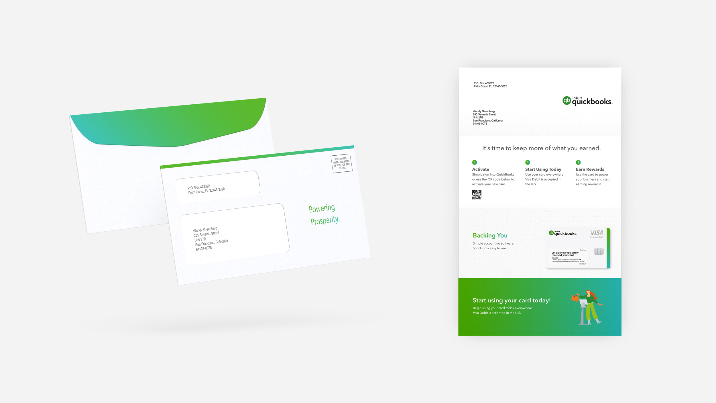 Introductory mailer for Quickbooks Debit Card.