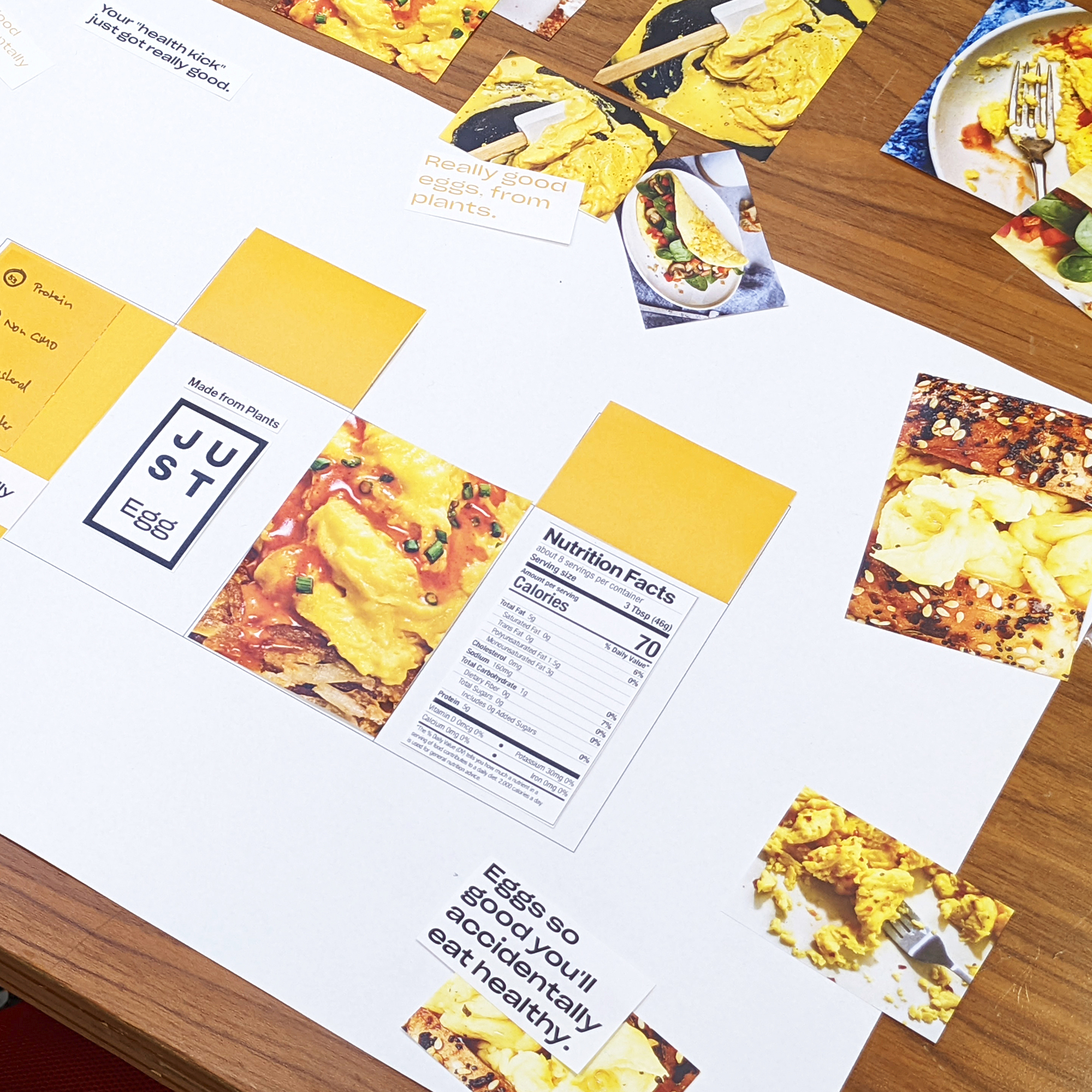 Just Egg paper mockup on table.