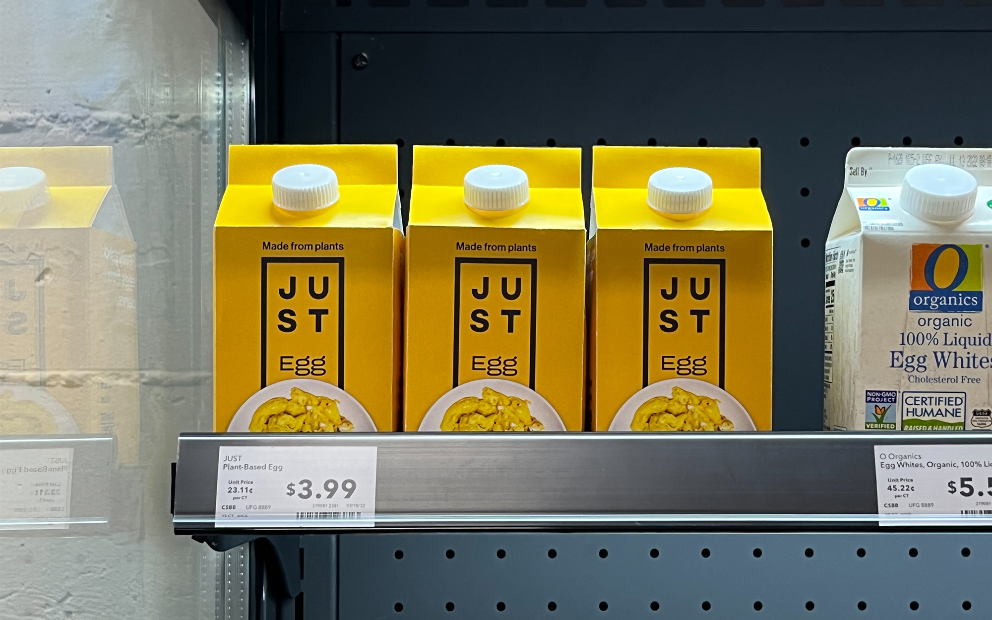 Just Egg carton design testing on a shelf.