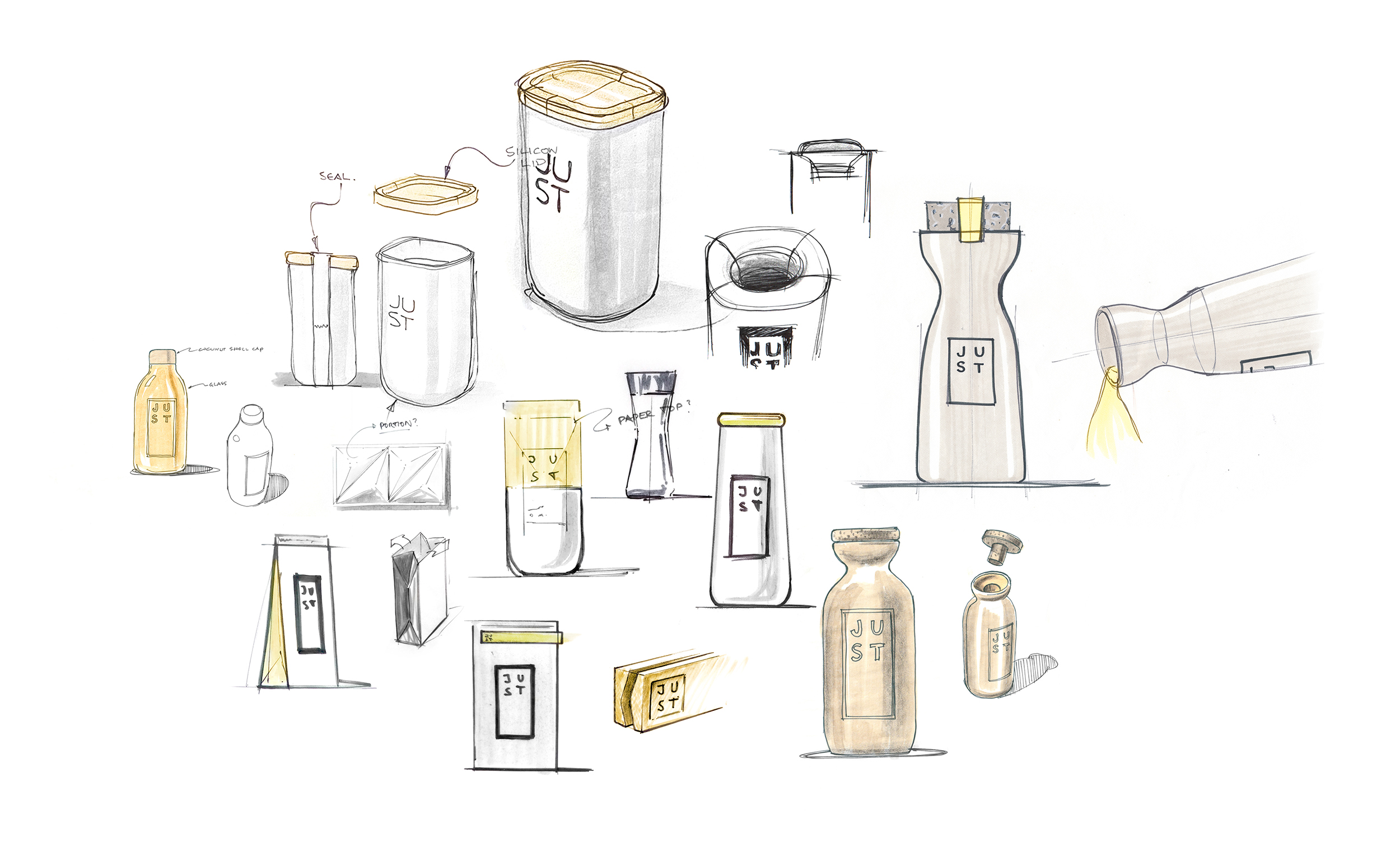 Sketches of Just Egg glass bottle design.