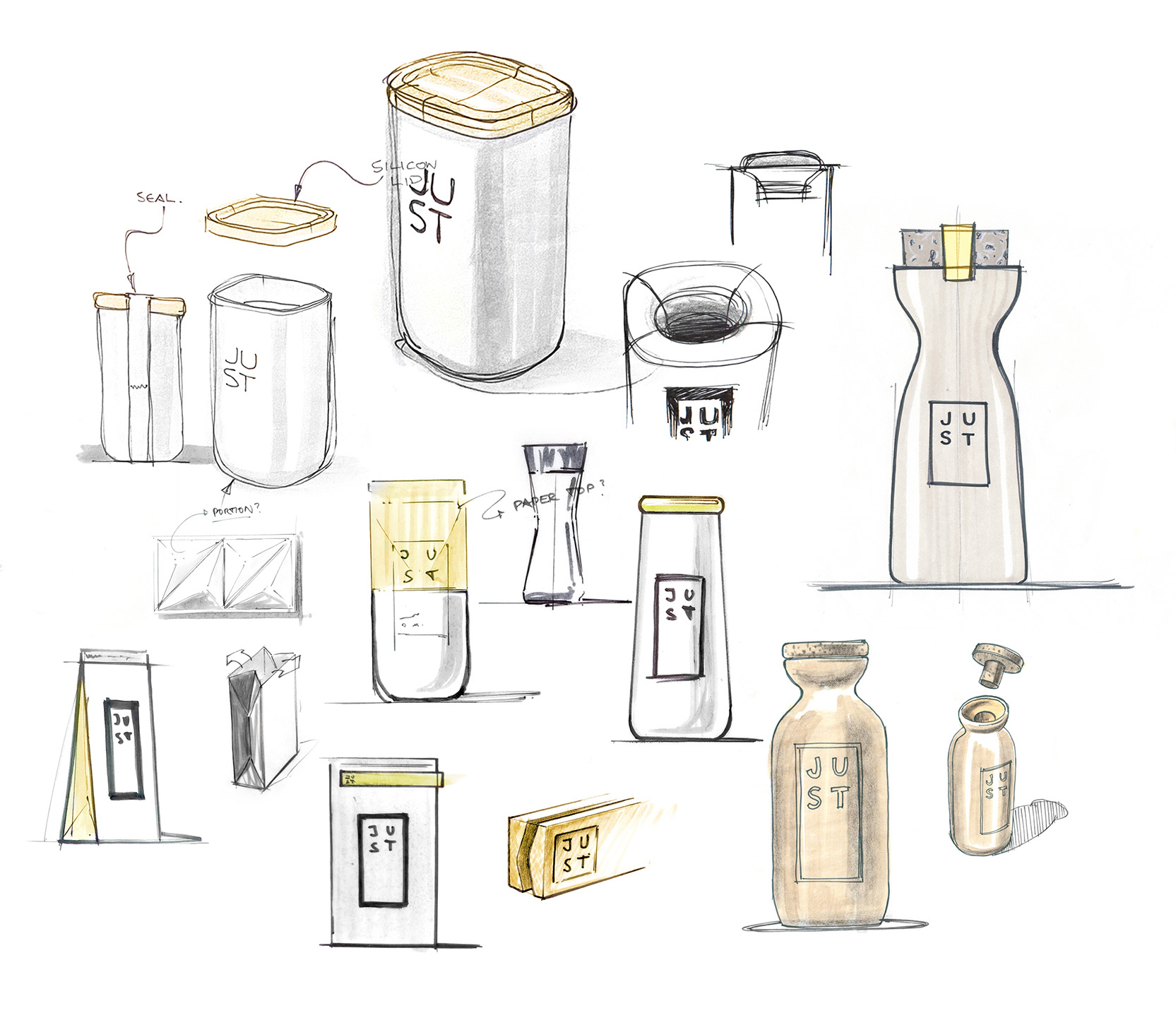 Sketches of Just Egg glass bottle design.