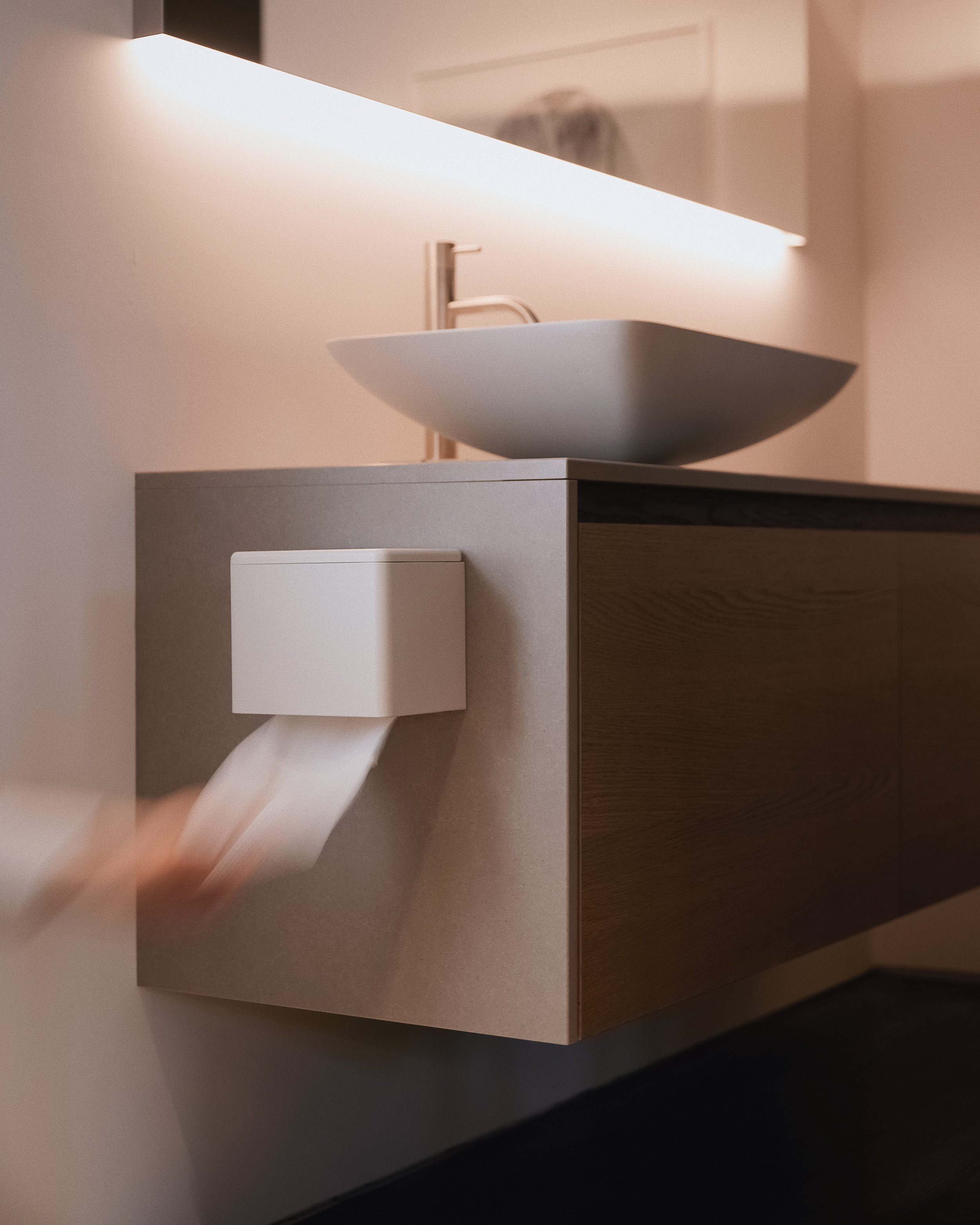 Fox Fold Toilet Paper Dispenser in a bathroom.