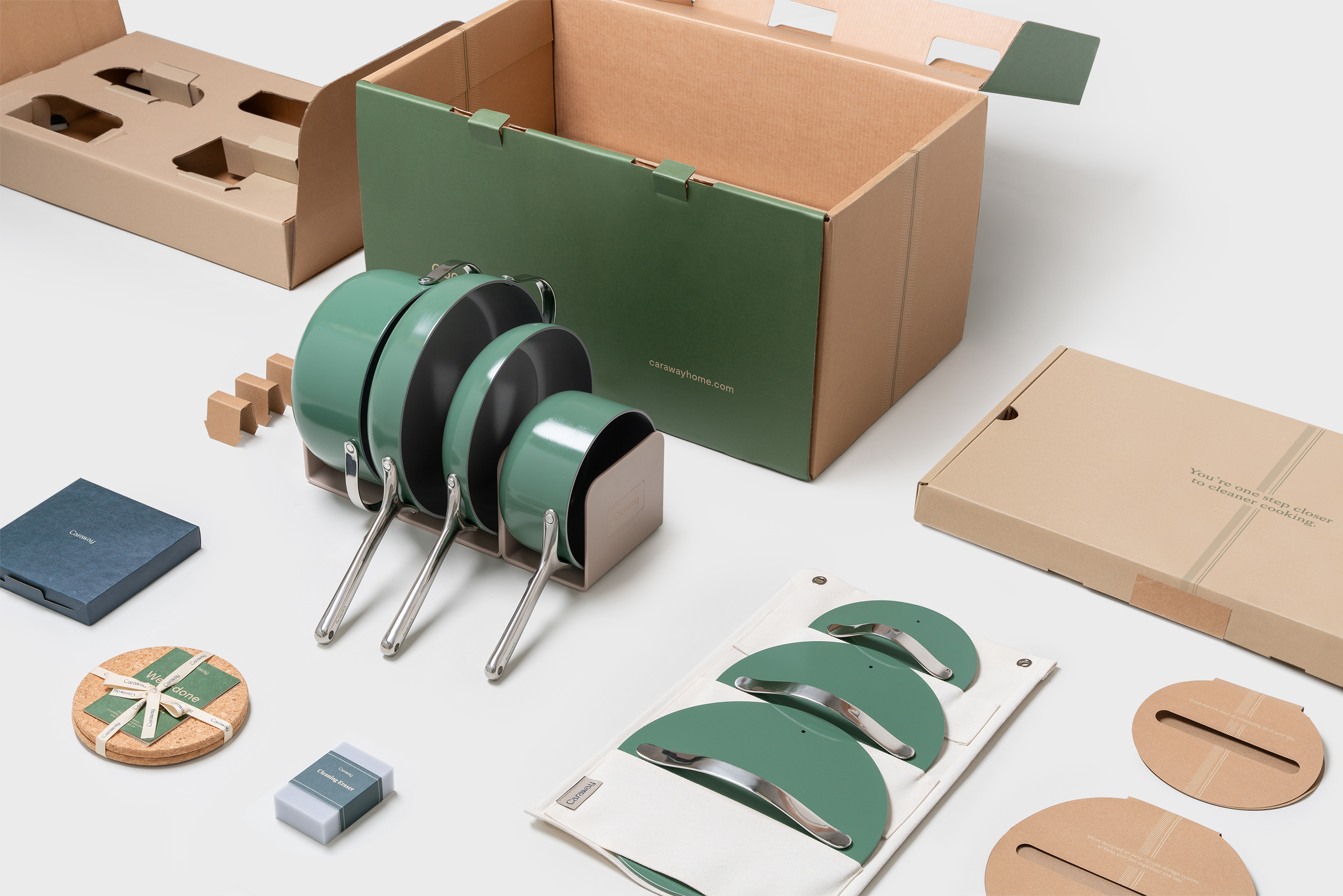 Overview of parts for Caraway Cookware Packaging.