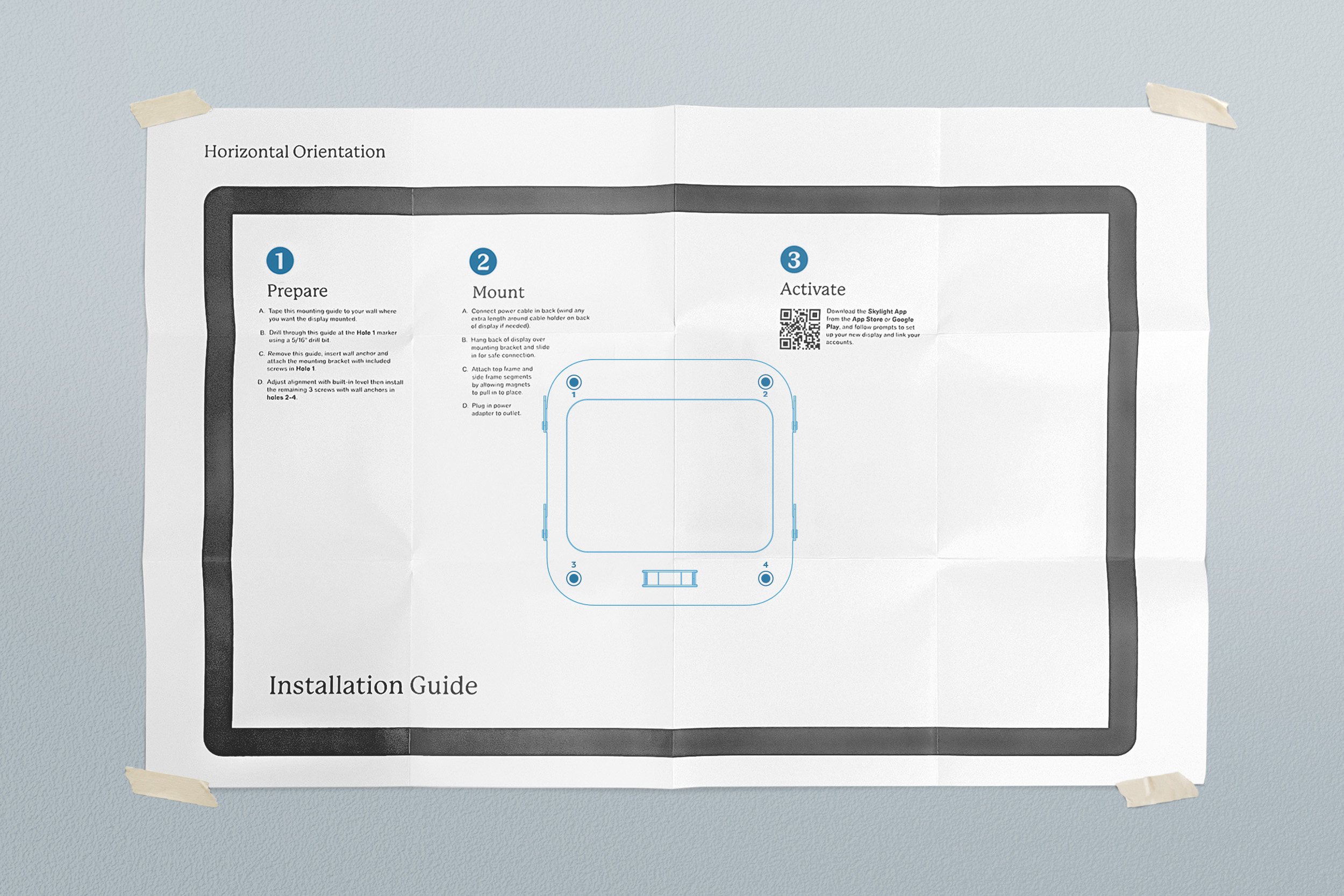Mounting sequence for Skylight Cal Max. Placing a guide on wall to position.