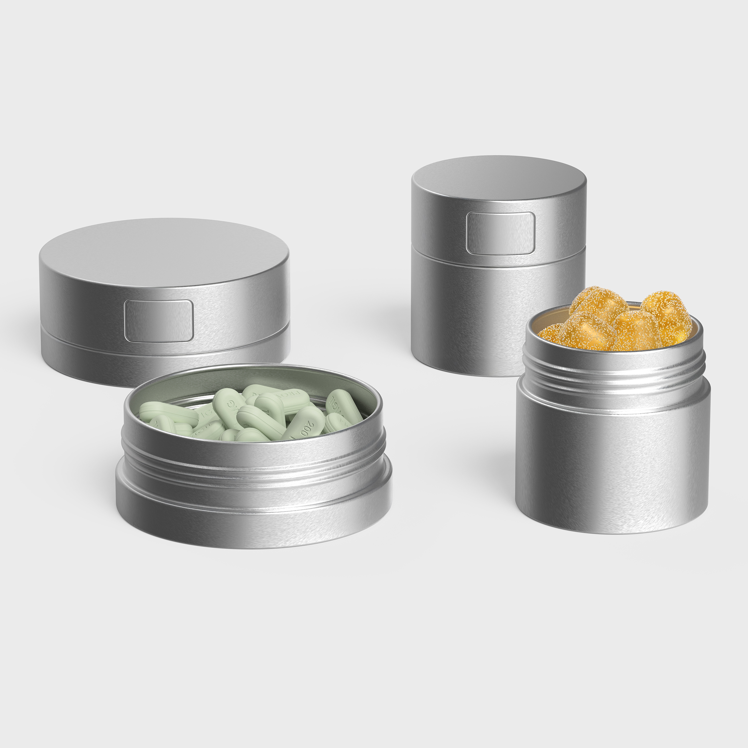 Sizing overview of Dymapak Child Resistant Tins.