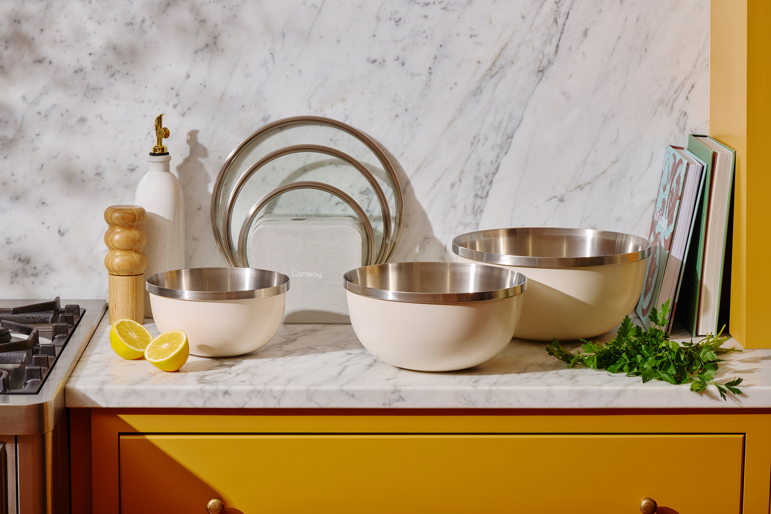 Caraway Mixing Bowl Set on a counter.