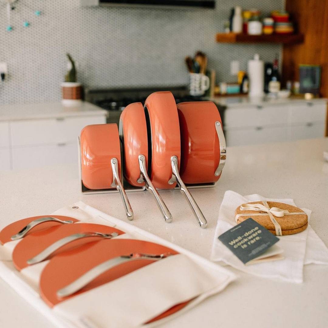 Caraway Cookware stored on a counter