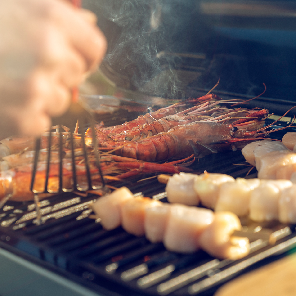 Shrimp cooking on a Spark Grill
