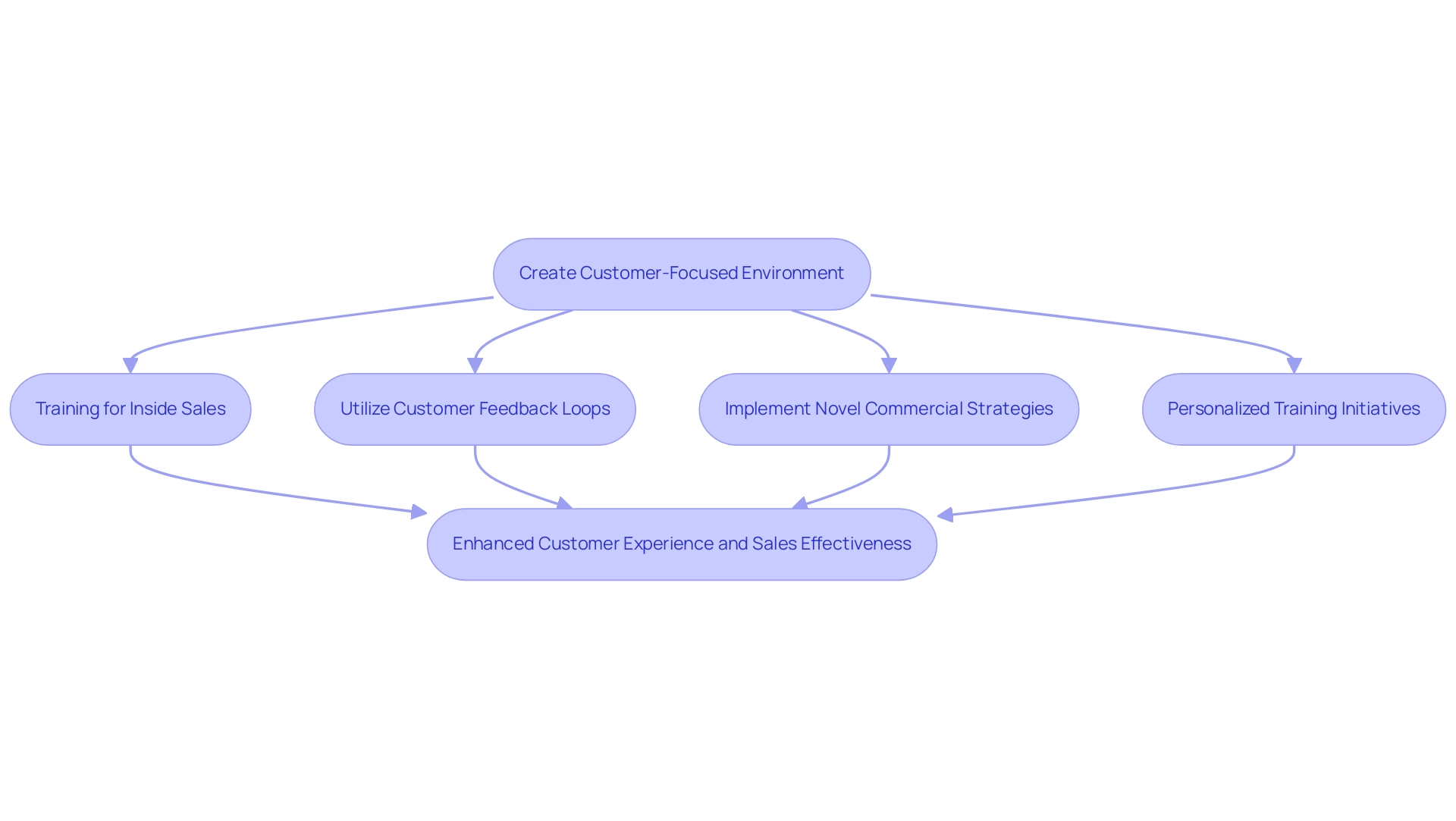 Boxes represent different strategies for building a customer-centric culture, with colors indicating their categories: Training (Blue), Feedback (Green), Strategies (Orange), and Initiatives (Purple).