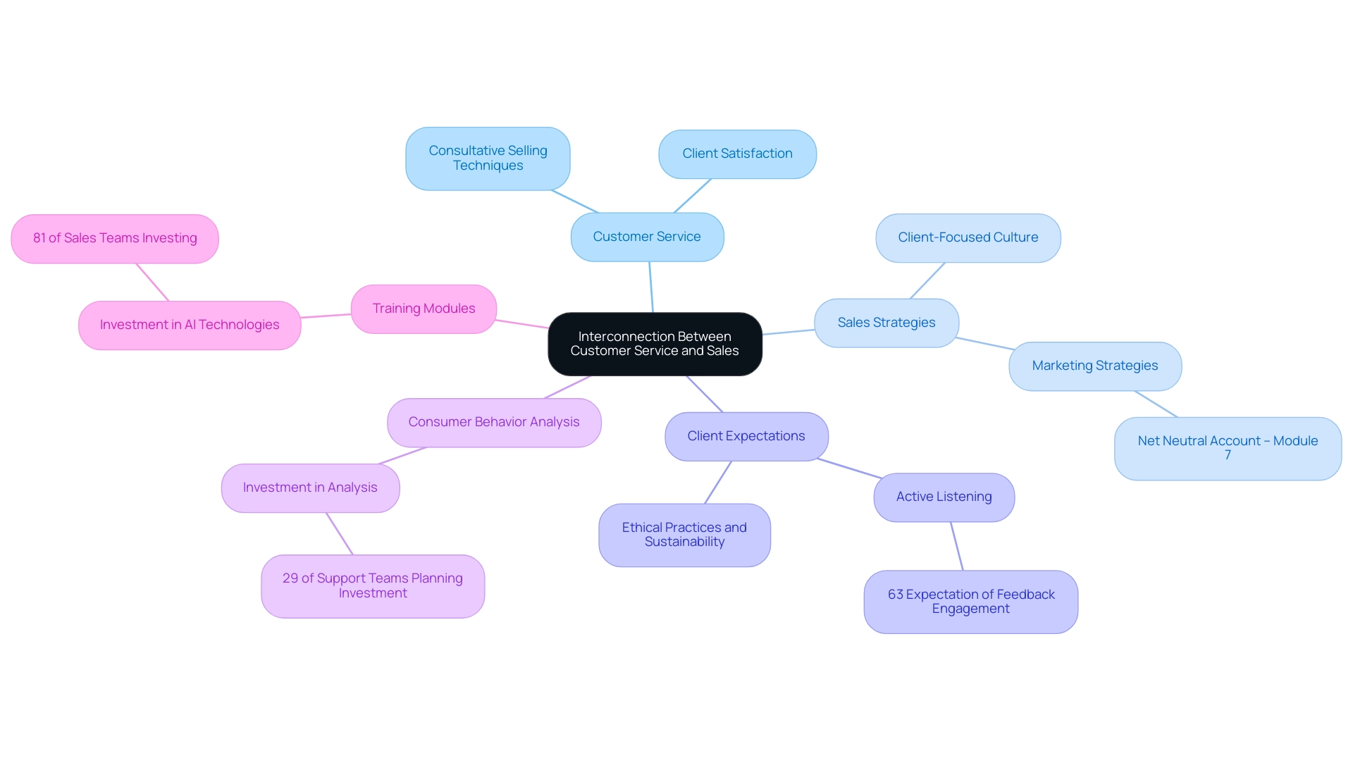 The central node represents the overall theme, with branches representing key areas of focus and sub-branches detailing specific concepts and statistics related to customer service and sales.