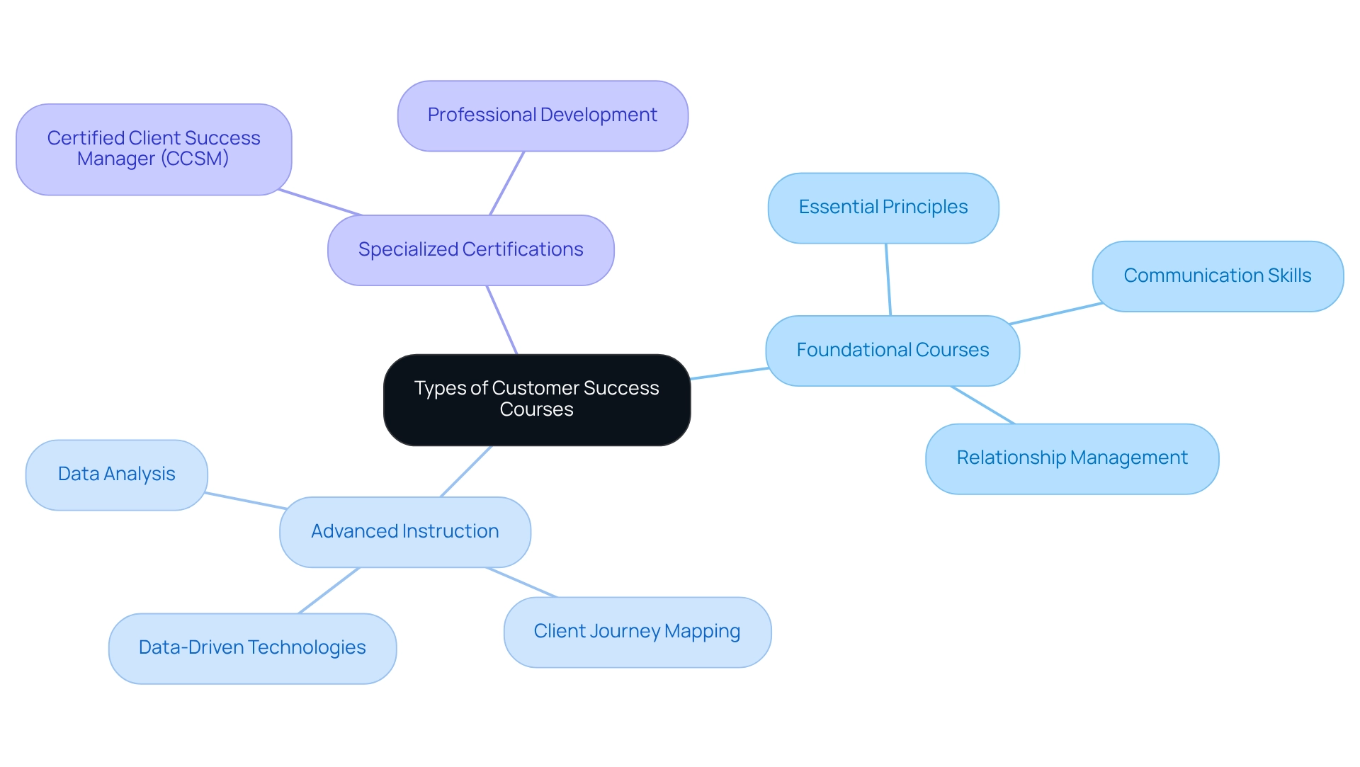 Central node represents the overall categories, with branches indicating specific types and their key components in customer success education.